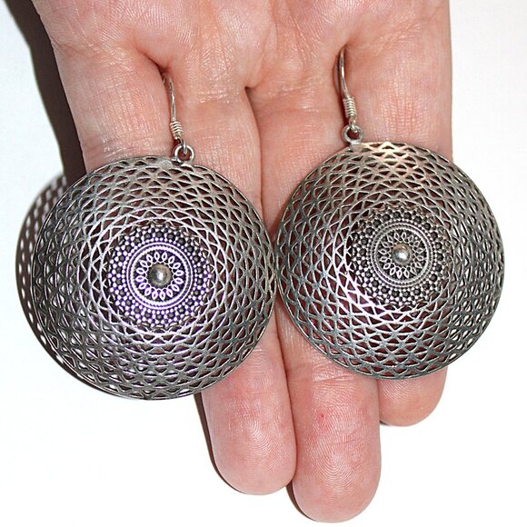 Sterling Silver Open Work Lacey Disc Earrings 14 Grams - Picture 5 of 5